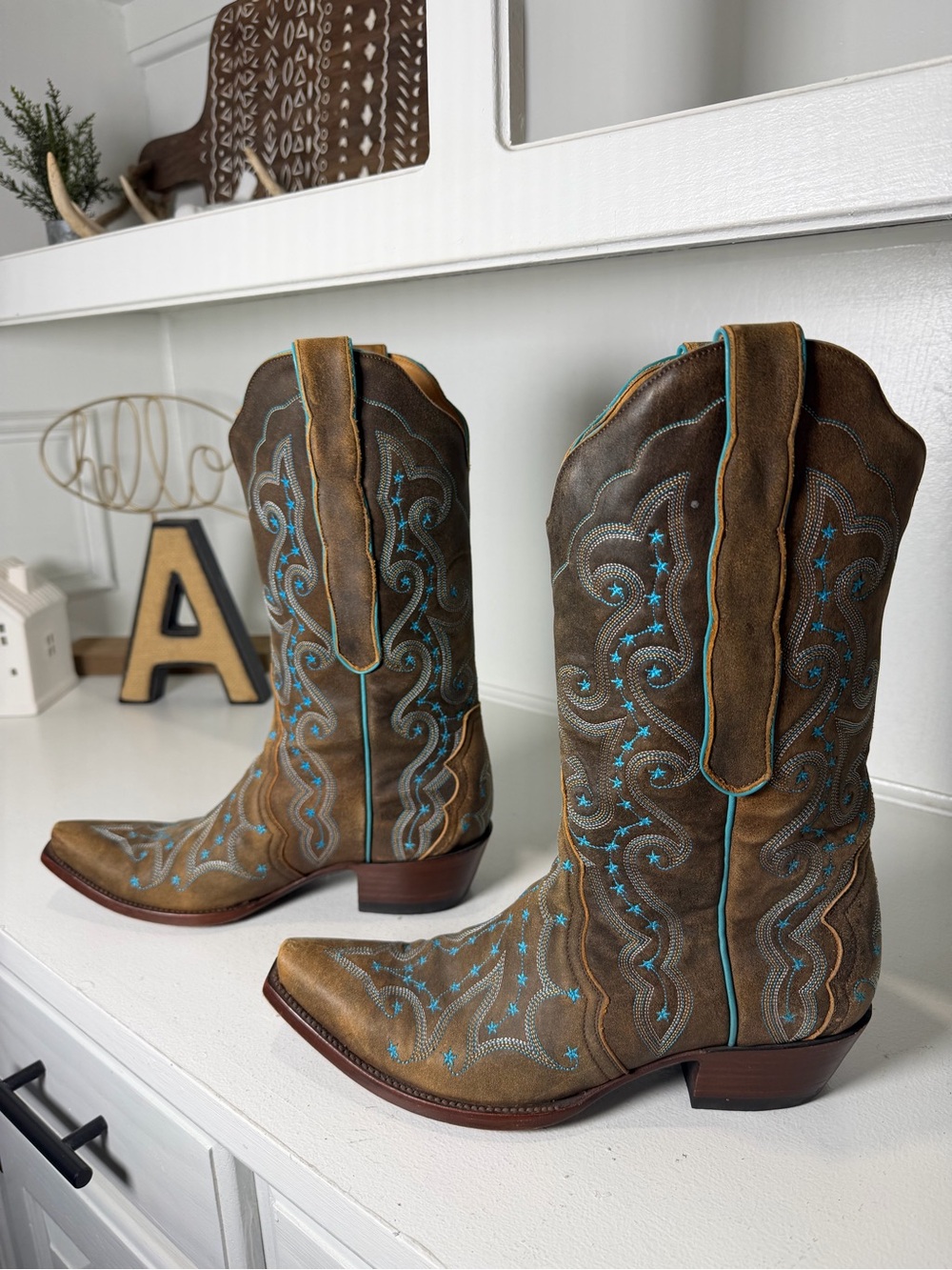 Old Gringo Womens 8.5B Brown Leather Turquoise Embroidered Cowboy Boots Mexico